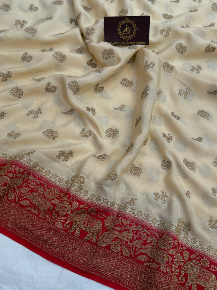 Cream Pure Crepe Silk Handloom Banarasi Saree