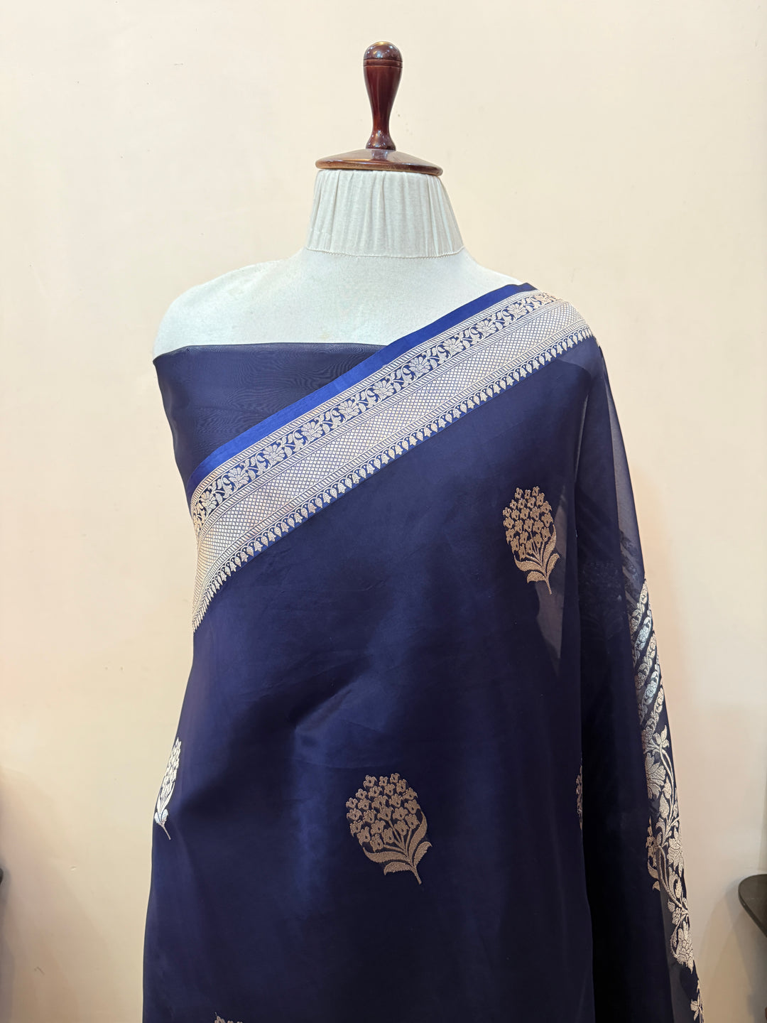 Navy Blue Pure Kora Silk Handloom Banarasi Saree