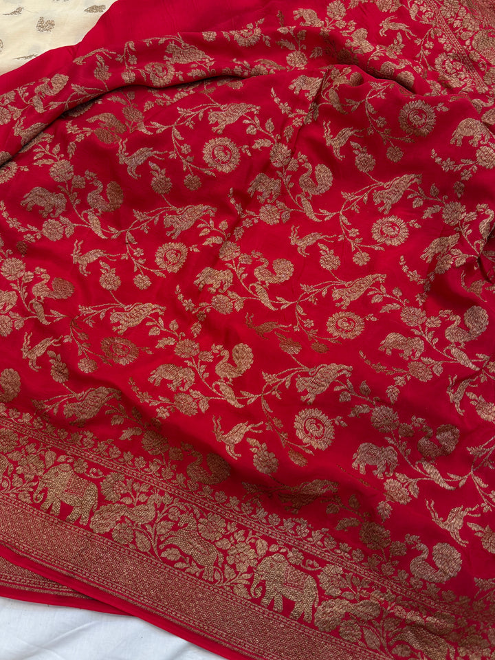 Cream Pure Crepe Silk Handloom Banarasi Saree