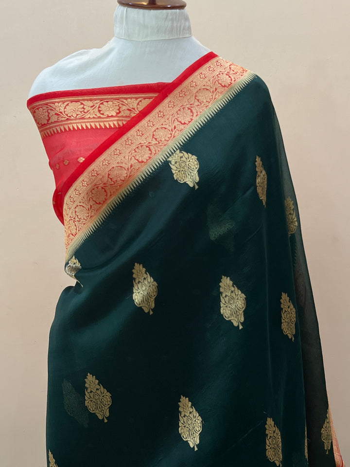 Bottle Green Banarasi Handloom Kora Silk Saree
