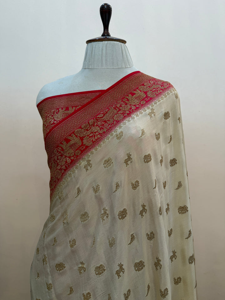 Cream Pure Crepe Silk Handloom Banarasi Saree