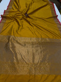 Mustard Yellow Banarasi Handloom Soft Silk Saree - Aura Benaras