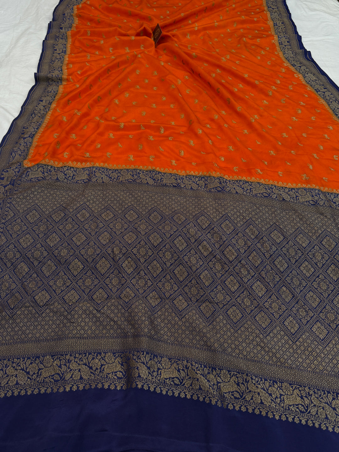Orange Pure Crepe Silk Handloom Banarasi Saree