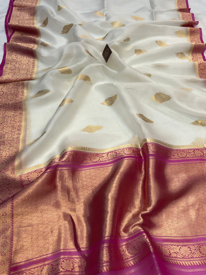 White Banarasi Handloom Kora Silk Saree