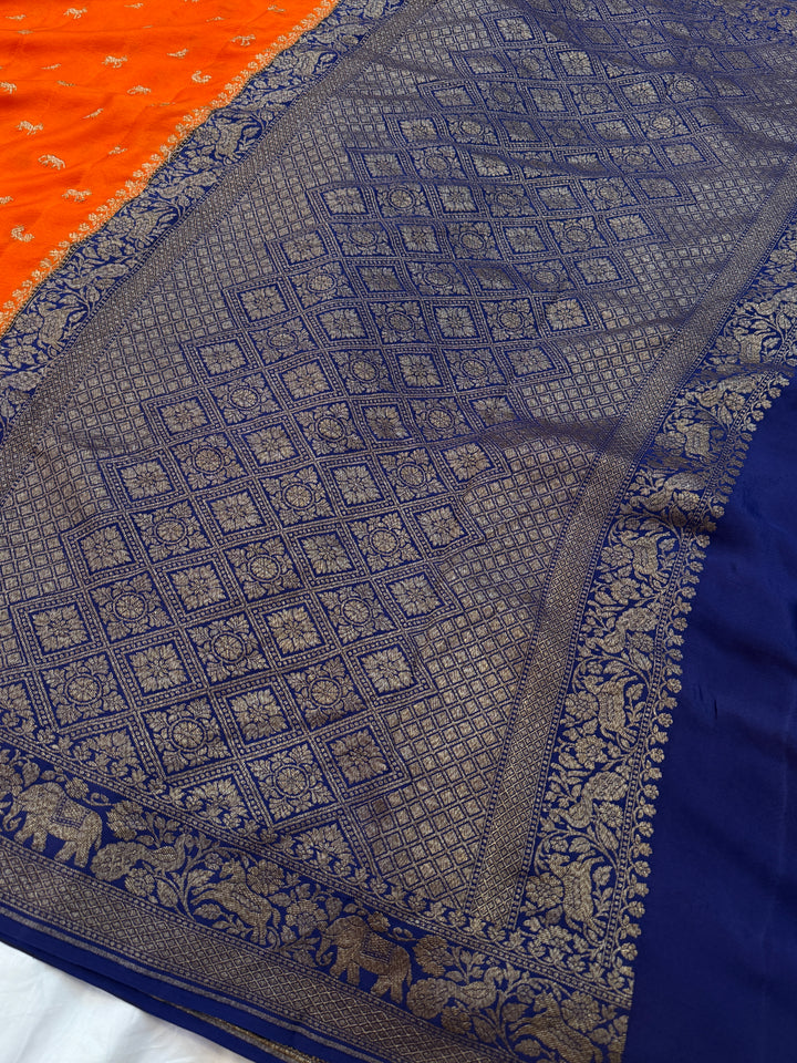 Orange Pure Crepe Silk Handloom Banarasi Saree