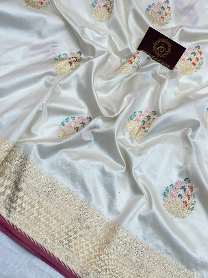 Off White Banarasi Handloom Katan Silk Saree with kadhwa butas