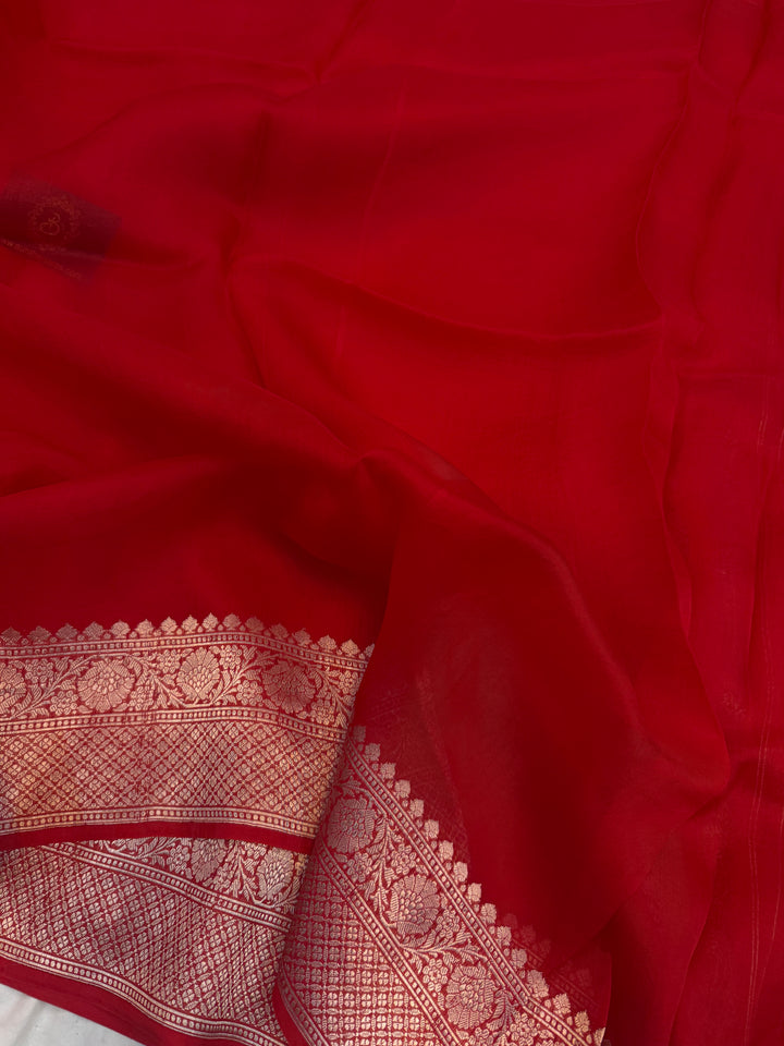 Red Pure Banarasi Handloom Kora Silk Saree