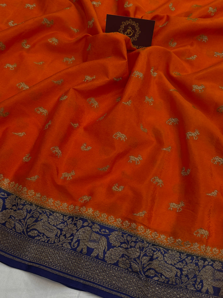 Orange Pure Crepe Silk Handloom Banarasi Saree