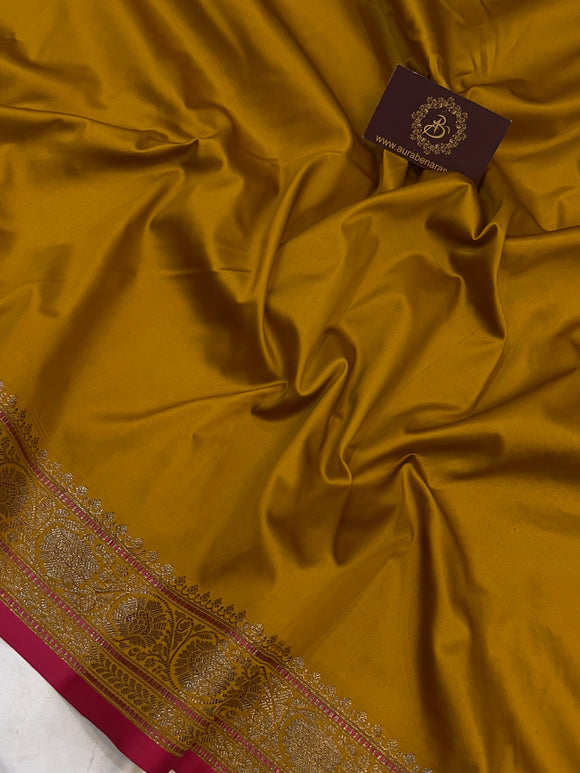 Mustard Yellow Banarasi Handloom Soft Silk Saree - Aura Benaras