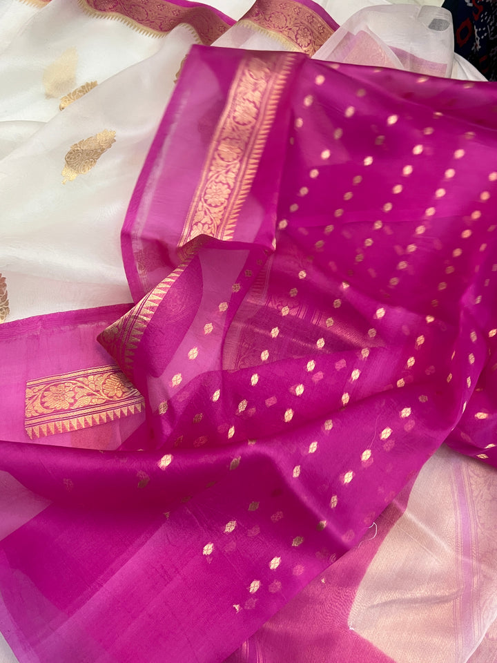 White Banarasi Handloom Kora Silk Saree