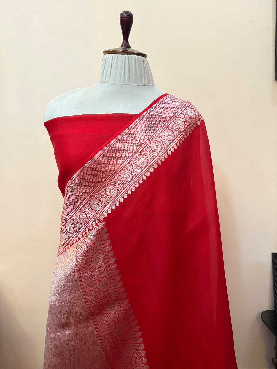 Red Pure Banarasi Handloom Kora Silk Saree