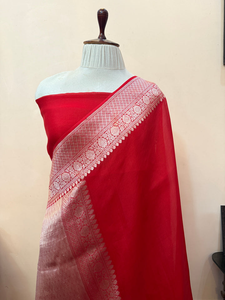 Red Pure Banarasi Handloom Kora Silk Saree