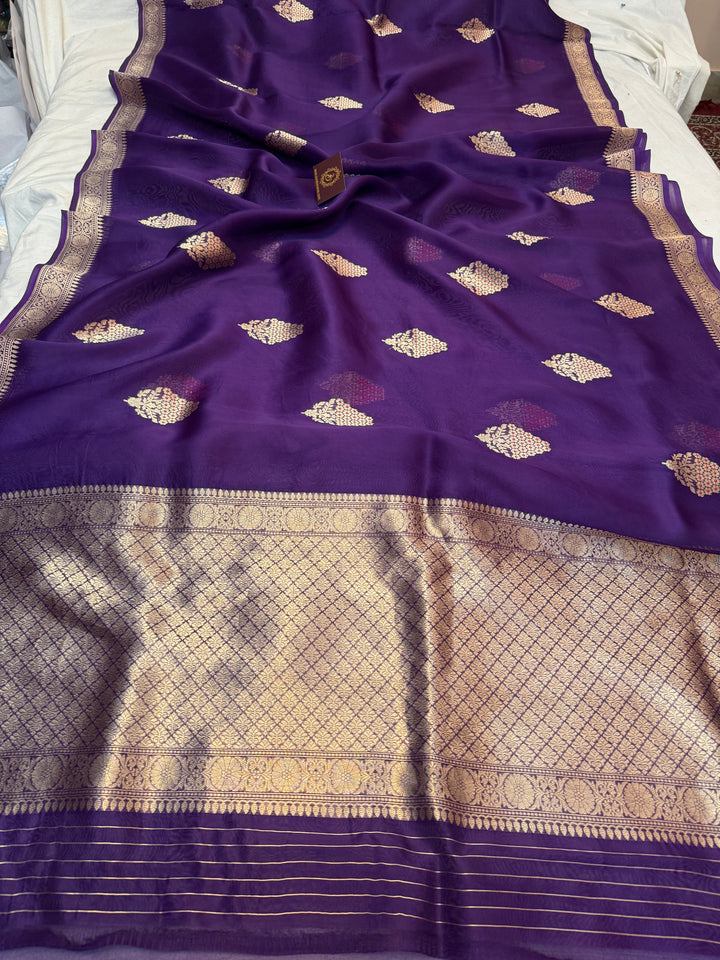 Purple Pure Banarasi Handloom Kora Silk Saree