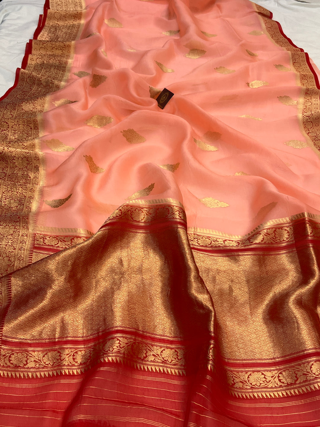 Peach Banarasi Handloom Kora Silk Saree