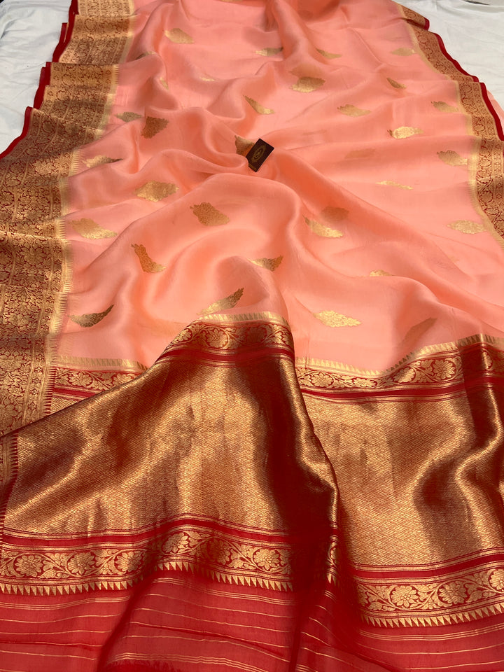 Peach Banarasi Handloom Kora Silk Saree