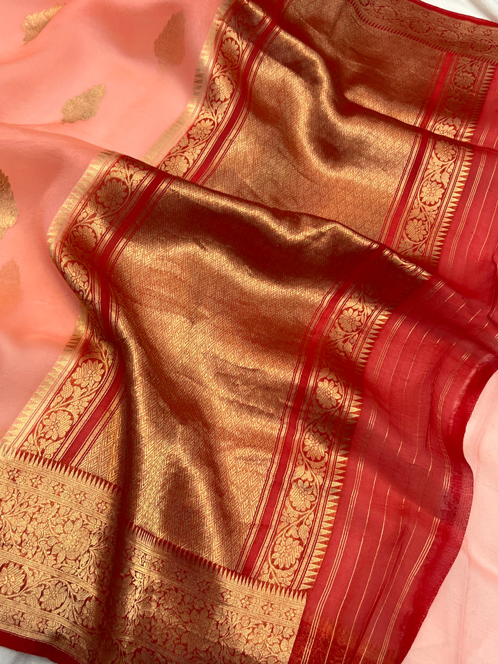 Peach Banarasi Handloom Kora Silk Saree