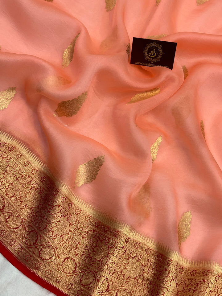 Peach Banarasi Handloom Kora Silk Saree