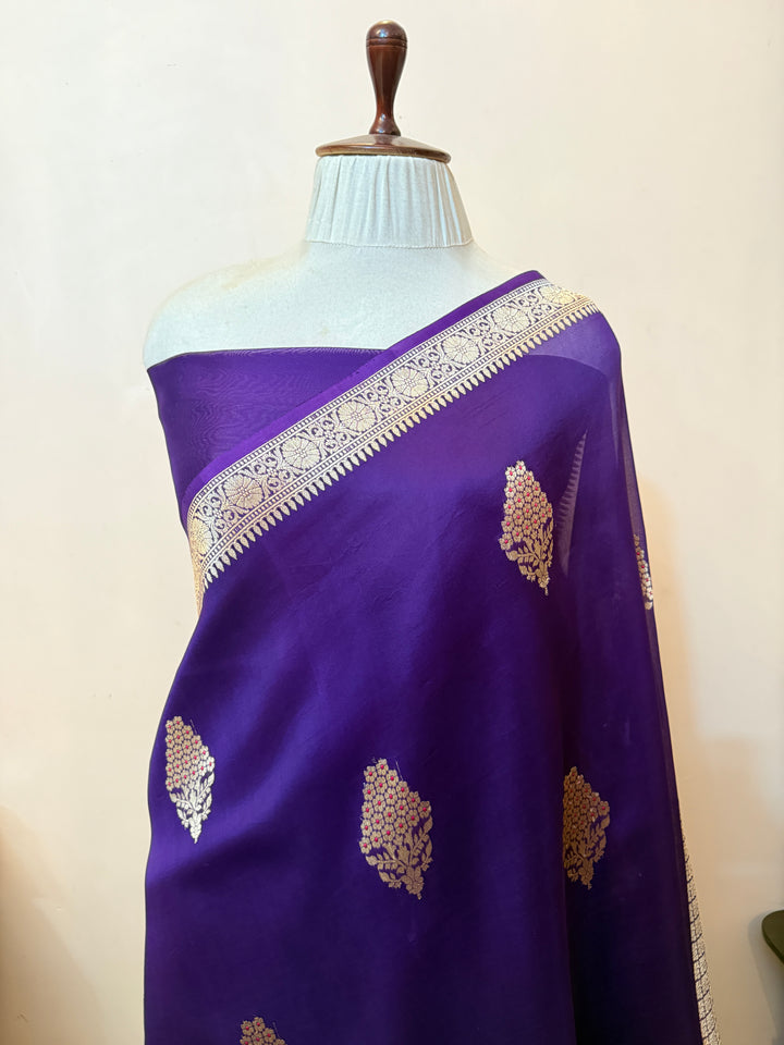 Purple Pure Banarasi Handloom Kora Silk Saree