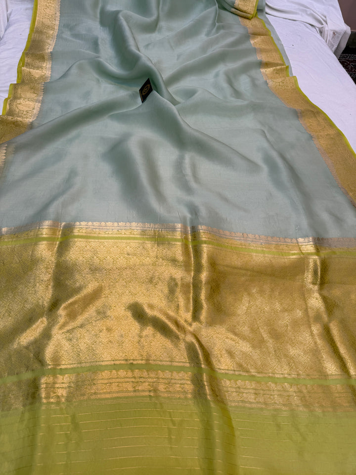 Mint Green Kora Silk Banarasi Saree with Kadwa Zari Border