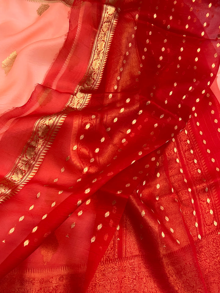 Peach Banarasi Handloom Kora Silk Saree