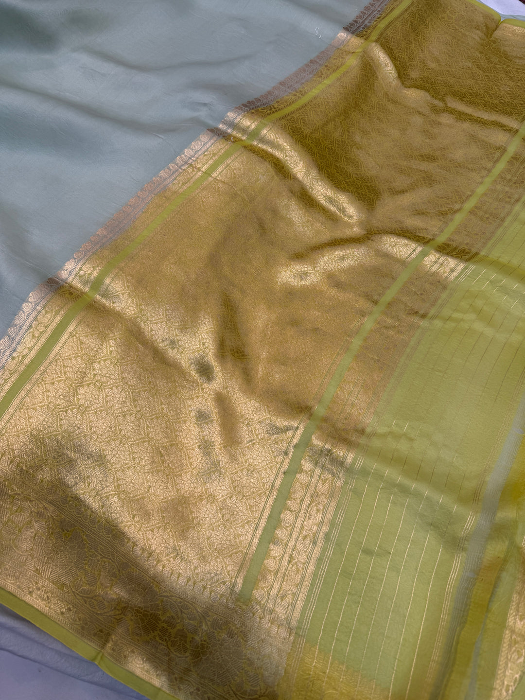 Mint Green Kora Silk Banarasi Saree with Kadwa Zari Border