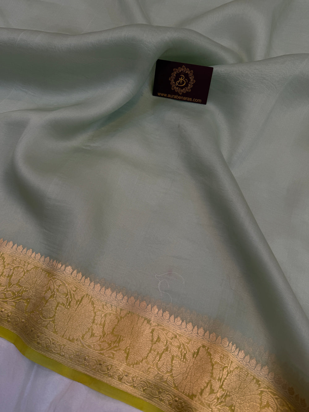 Mint Green Kora Silk Banarasi Saree with Kadwa Zari Border