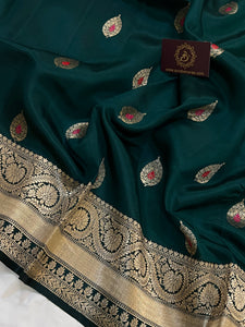 Bottle Green Pure Banarasi Handloom Silk Saree - Aura Benaras