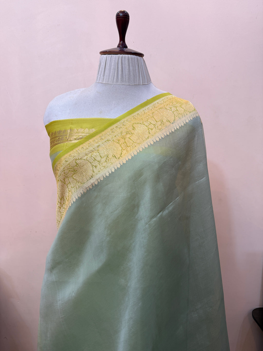 Mint Green Kora Silk Banarasi Saree with Kadwa Zari Border
