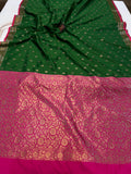 Bottle Green Banarasi Handloom Soft Silk Saree - Aura Benaras