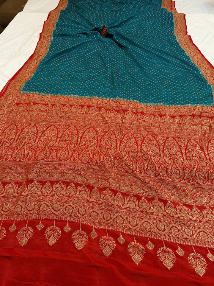 Rama Blue Pure Crepe Silk Handloom Banarasi Saree