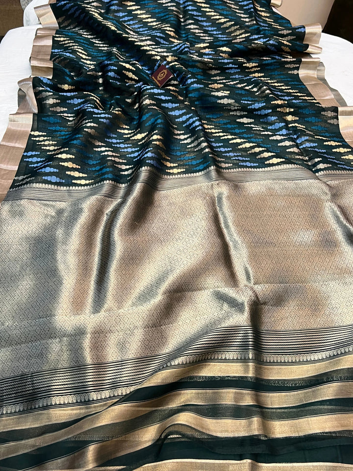 Bottle Green Pure Kora Silk Jangla Banarasi Saree with Kadhwa Weave