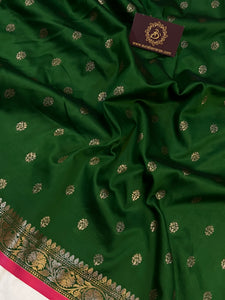 Bottle Green Banarasi Handloom Soft Silk Saree - Aura Benaras