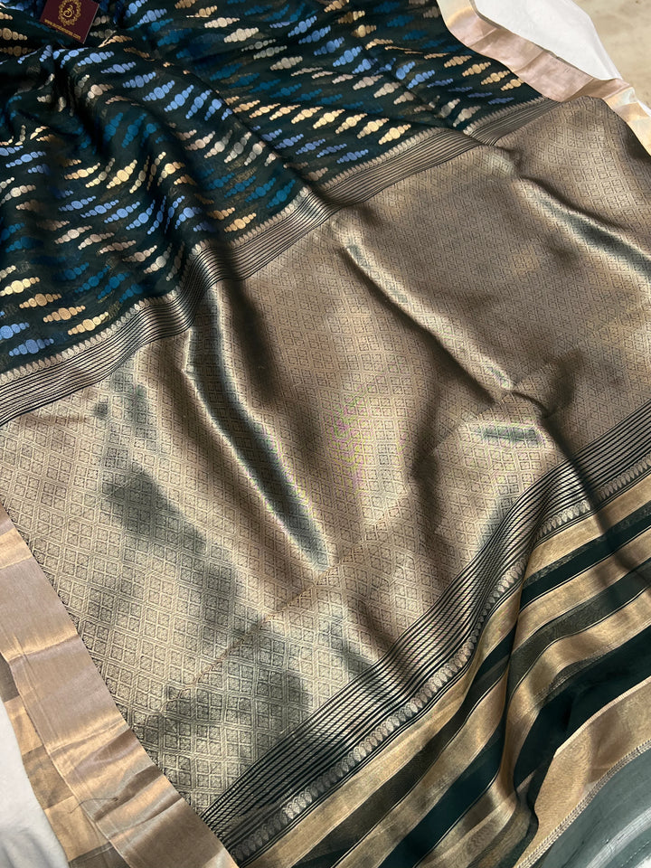 Bottle Green Pure Kora Silk Jangla Banarasi Saree with Kadhwa Weave