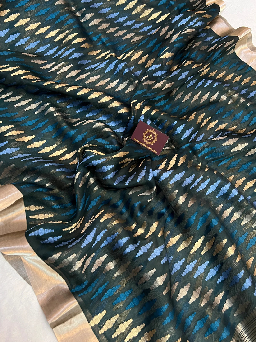 Bottle Green Pure Kora Silk Jangla Banarasi Saree with Kadhwa Weave