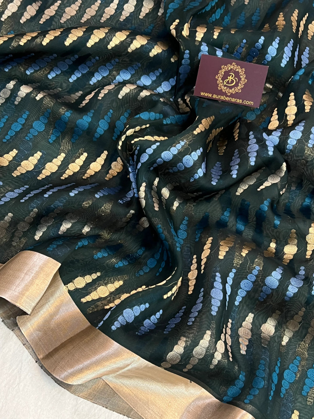 Bottle Green Pure Kora Silk Jangla Banarasi Saree with Kadhwa Weave