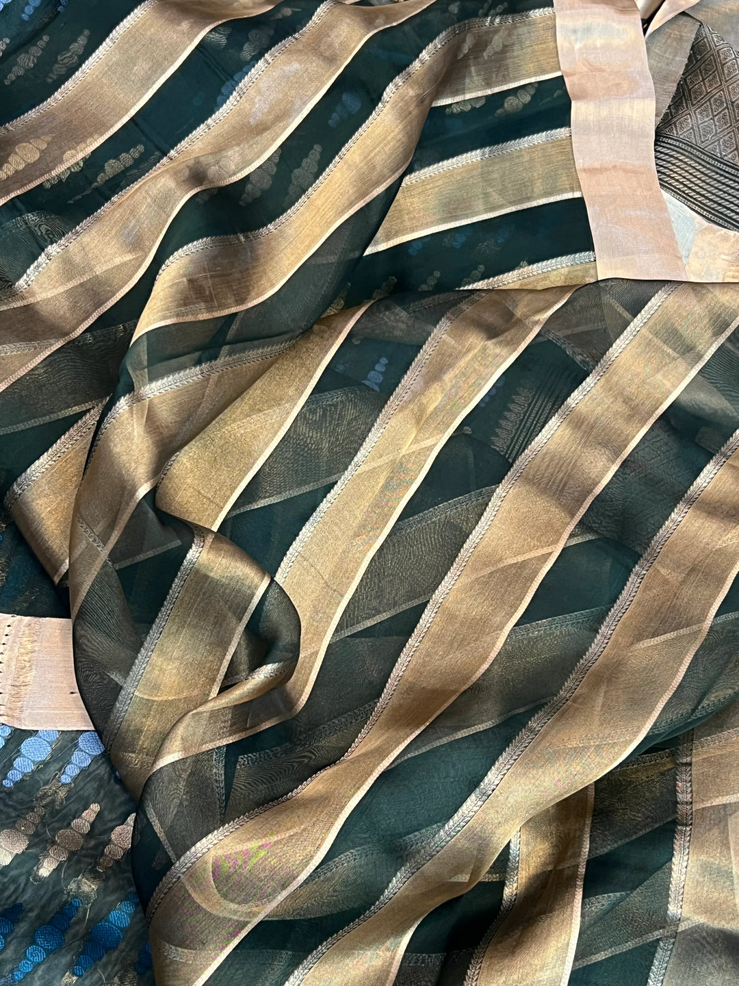 Bottle Green Pure Kora Silk Jangla Banarasi Saree with Kadhwa Weave