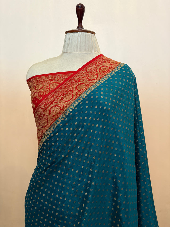 Rama Blue Pure Crepe Silk Handloom Banarasi Saree
