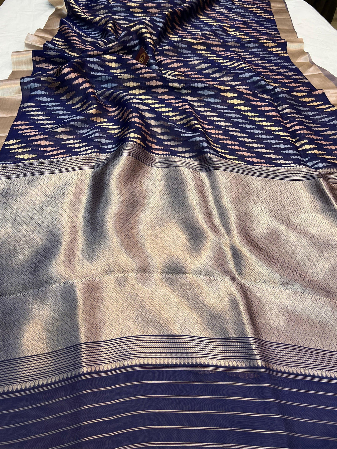 Navy Blue Pure Kora Silk Jangla Banarasi Saree with Kadhwa Weave