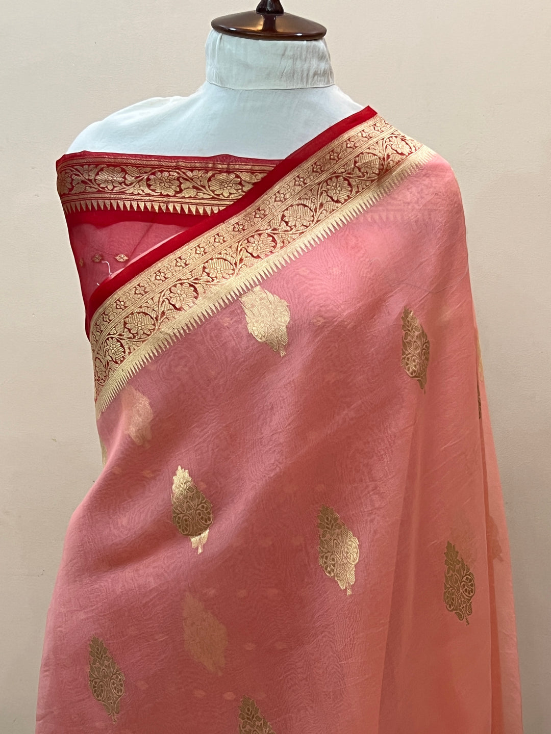 Peach Banarasi Handloom Kora Silk Saree