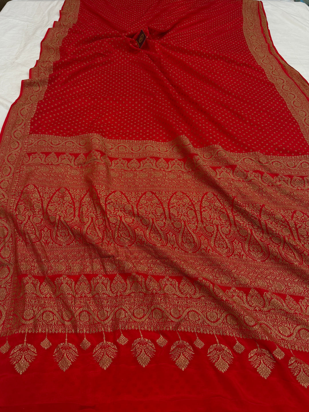 Red Pure Crepe Silk Handloom Banarasi Saree