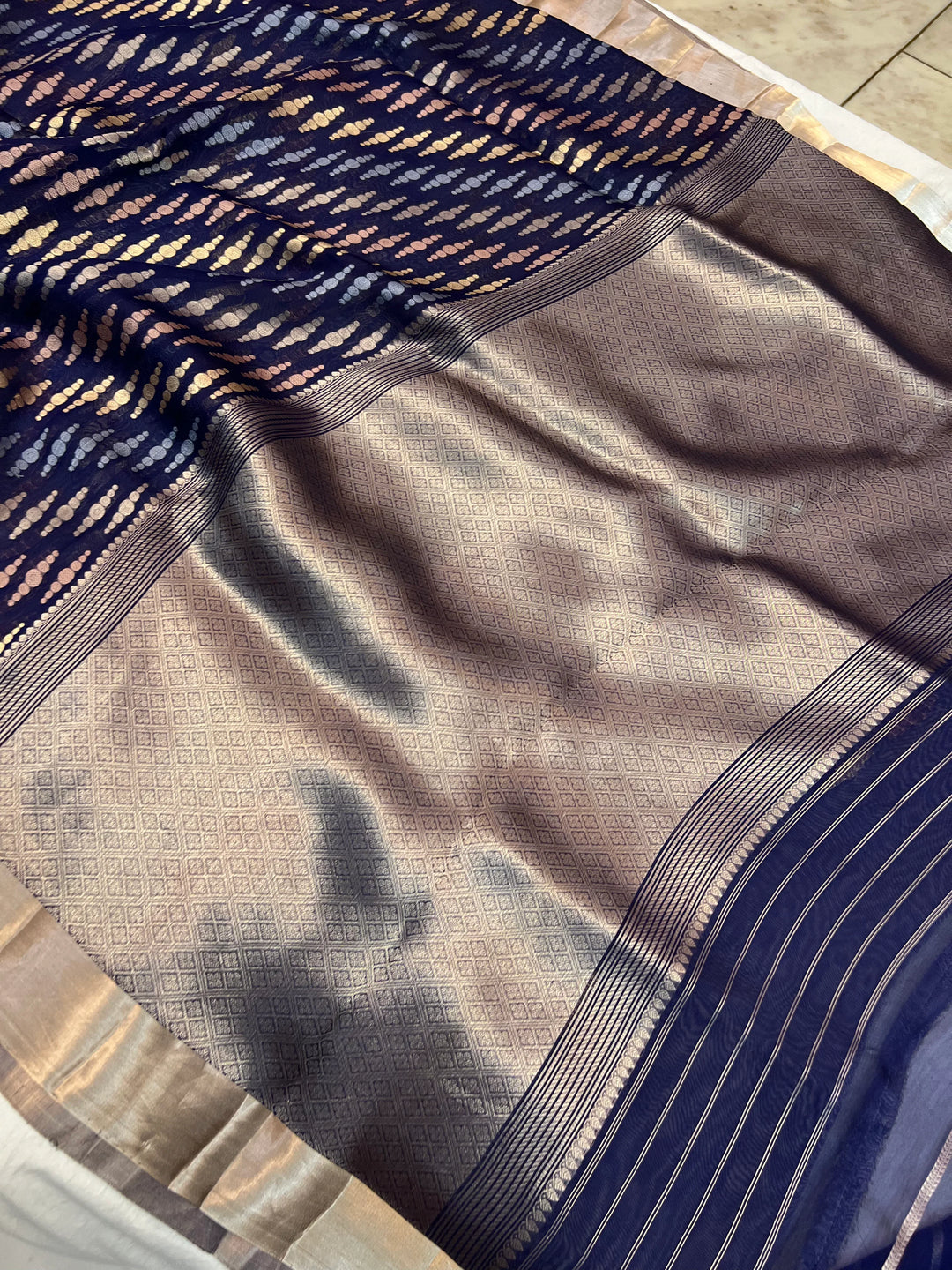 Navy Blue Pure Kora Silk Jangla Banarasi Saree with Kadhwa Weave