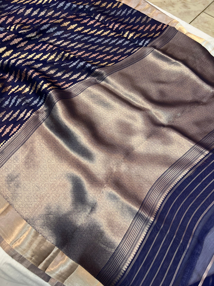 Navy Blue Pure Kora Silk Jangla Banarasi Saree with Kadhwa Weave