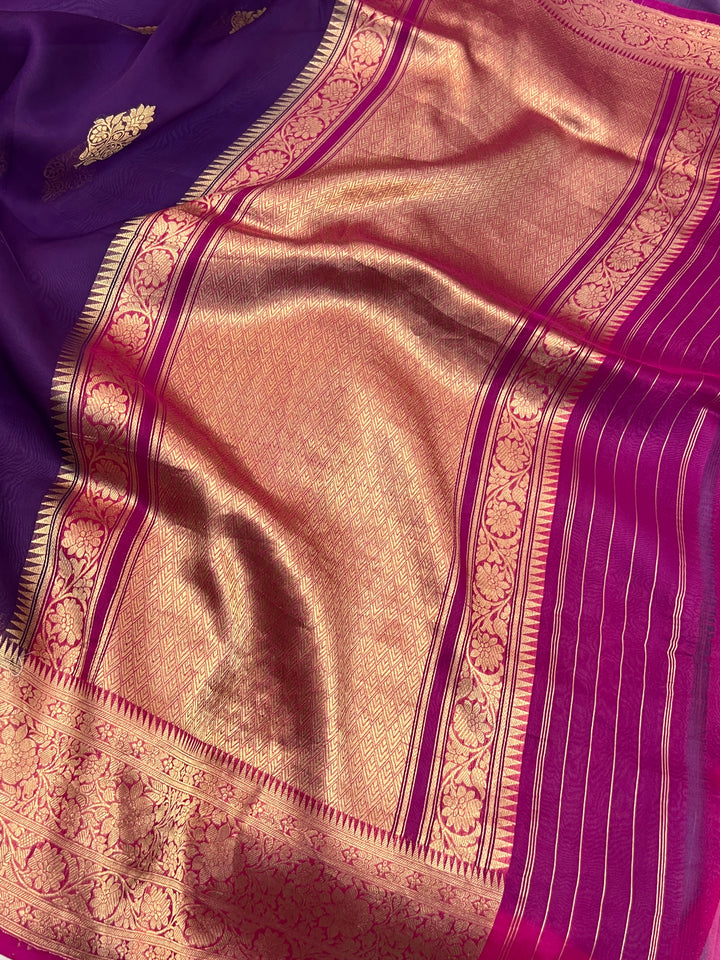 Purple Banarasi Handloom Kora Silk Saree