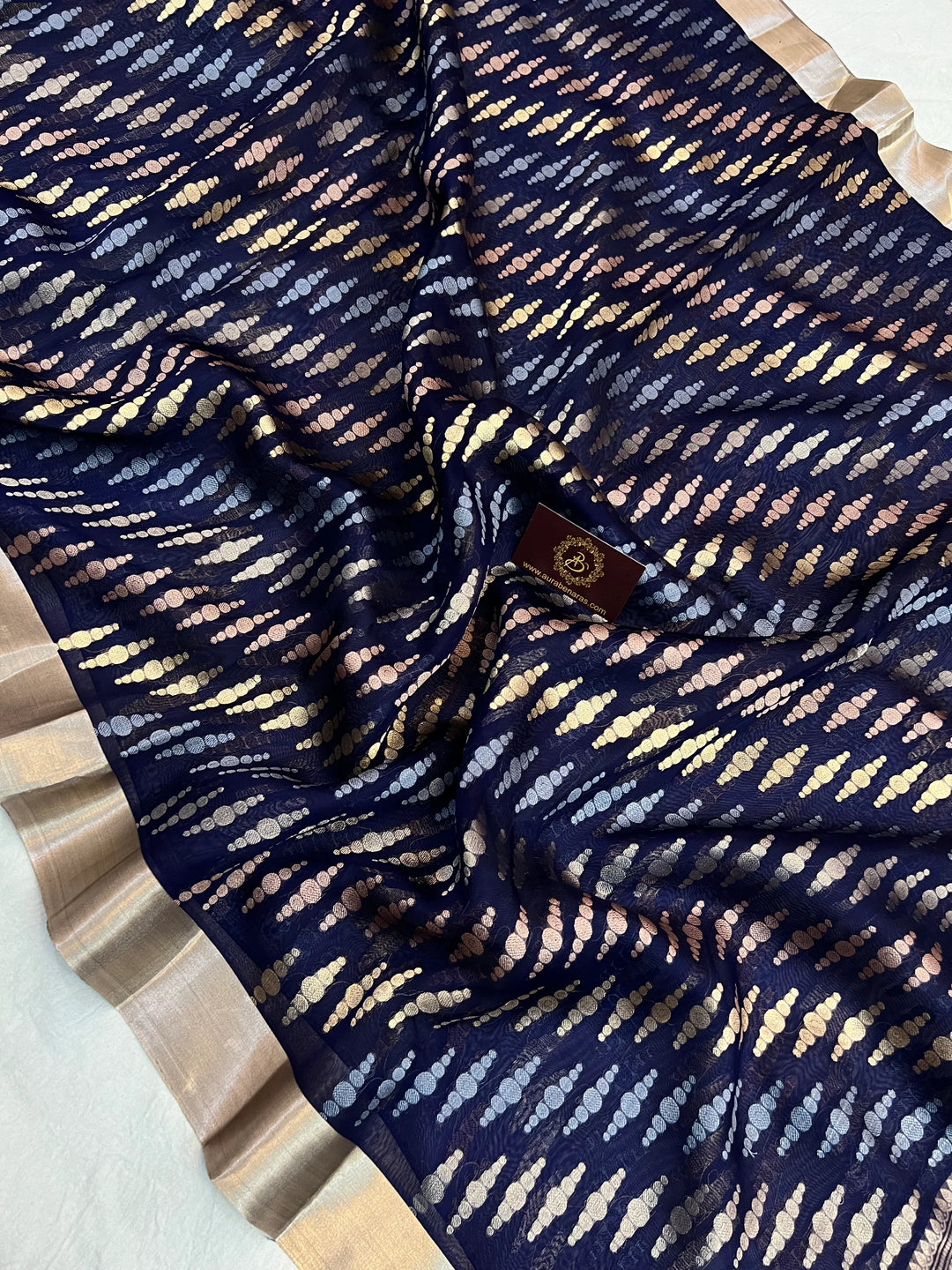 Navy Blue Pure Kora Silk Jangla Banarasi Saree with Kadhwa Weave