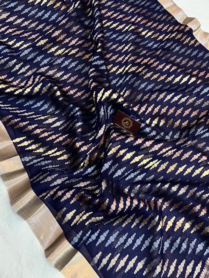 Navy Blue Pure Kora Silk Jangla Banarasi Saree with Kadhwa Weave