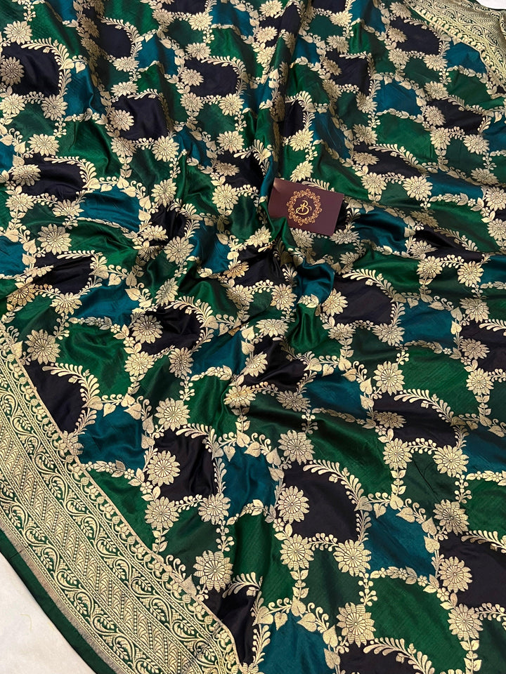 Bottle Green Rangkaat Banarasi Handloom Pure Katan Silk Saree - Aura Benaras