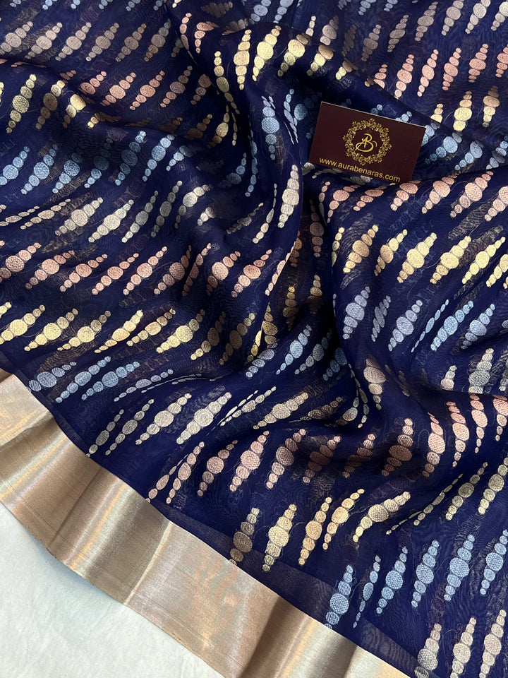 Navy Blue Pure Kora Silk Jangla Banarasi Saree with Kadhwa Weave