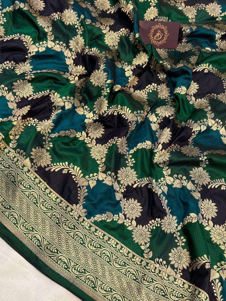 Bottle Green Rangkaat Banarasi Handloom Pure Katan Silk Saree - Aura Benaras