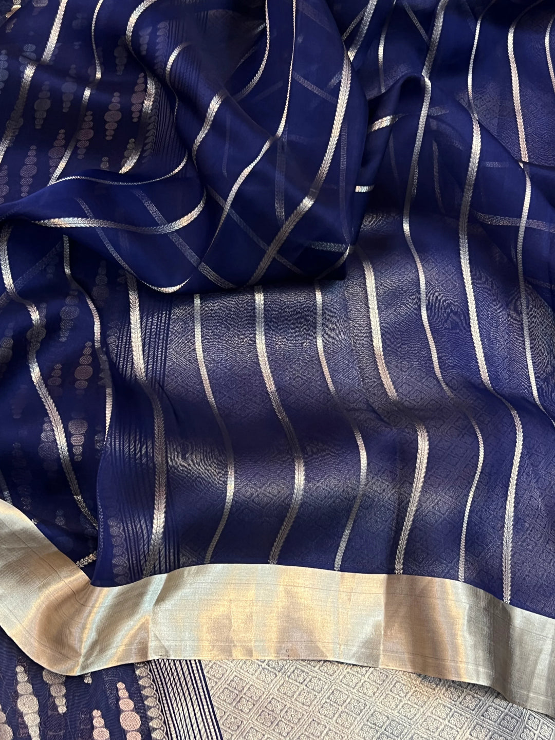 Navy Blue Pure Kora Silk Jangla Banarasi Saree with Kadhwa Weave