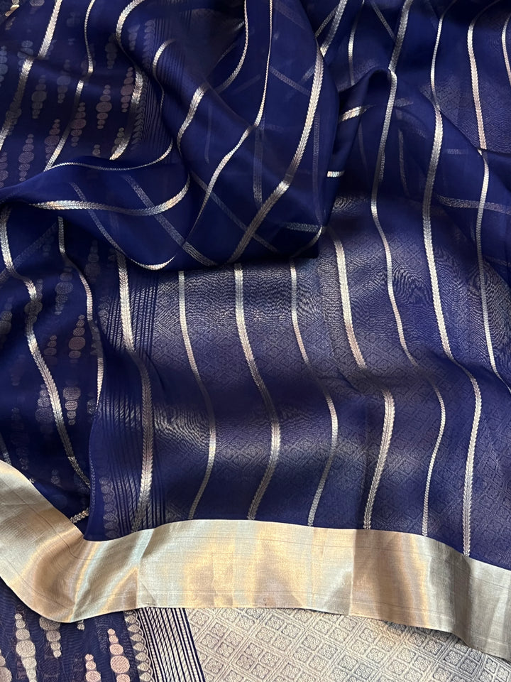 Navy Blue Pure Kora Silk Jangla Banarasi Saree with Kadhwa Weave